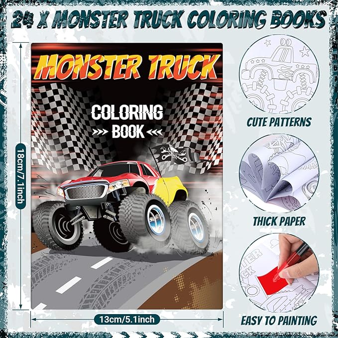 Funrous 24 Set Monster Truck Coloring Books Bulk with 24 Stacking Crayons Monster Truck Party Favors Activity Books Classroom Gifts for Themed Birthday Gift Reward Prize Party Supplies