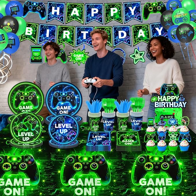 Video Game Birthday Decorations – Neon Game Tableware: Plates, Napkins, Cups, Cutlery, Cake & Cupcake Toppers, Banner, Hanging Swirls, Tablecloths, Balloons for Boy Gamer Birthday Party, Serves 24