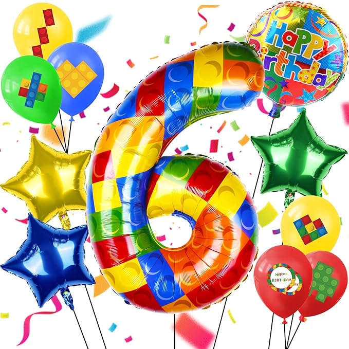 40 Inch Building Block Number Balloon, Colorful Number Block Foil Balloons Large Big Numbers Helium Balloon for Girls Boys 6th Birthday Brick Theme Party Decorations (Number 6)