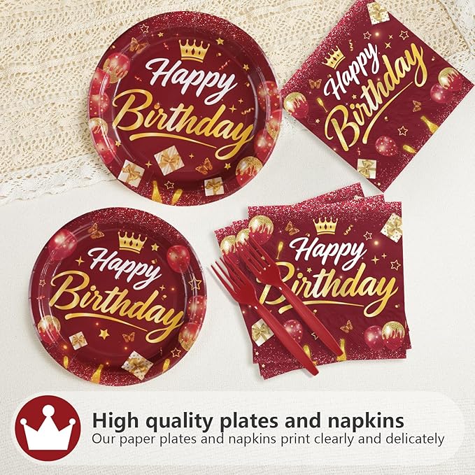 96Pcs Burgundy Birthday Party Decorations Maroon Wine Red Gold Birthday Paper Plates and Napkins Sets Red Golden Burgundy Theme Decorations for Winter Holiday Bday Dinner Party Supplies Serves 24
