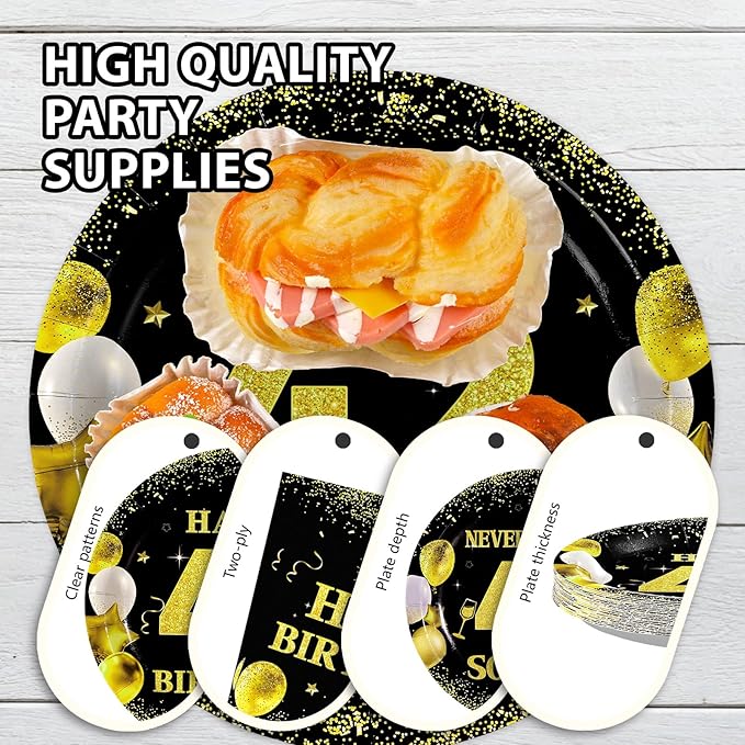 96Pcs 42nd Birthday Party Decorations 42 Never Looked So Good Gold Paper Plates and Napkins Tableware Set Black Gold 1983 Theme Decor for Men Women Cheers to 42 Years Old Party Supplies Serves 24