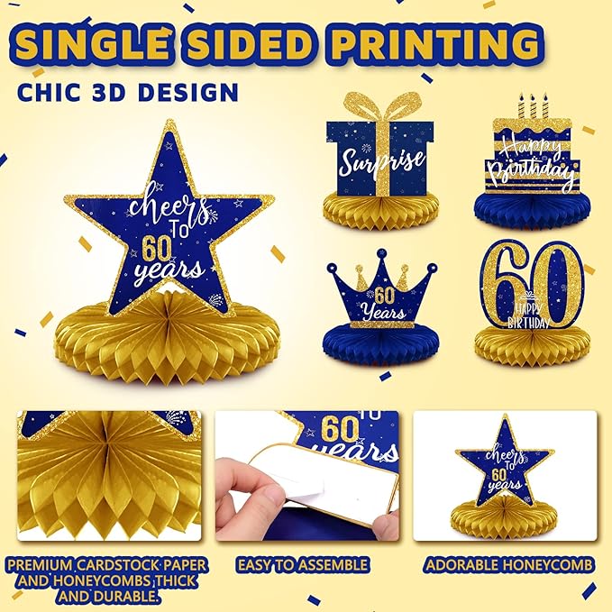 Spakon 8 Pieces Table Decorations Glitter Honeycomb Centerpieces Table Toppers Party Decorations for Men and Women Party Supplies(60th Birthday,Blue Gold)