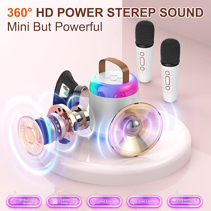 Karaoke Machine for Kids, Portable Bluetooth Speaker with 2 Wireless Microphones and LED Lights, Music Player Toys Gifts for Kids Ages 4, 5, 6, 7, 8, 9, 10+ Year Old Birthday Party (White)