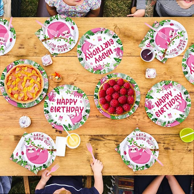 96Pcs Sloth Animal Birthday Party Supplies Hanging Pink Sloth Plates and Napkins Jungle Cute Animal Theme Tableware Set for Kids Girls Animal Theme Birthday Party Supplies，Serves 24