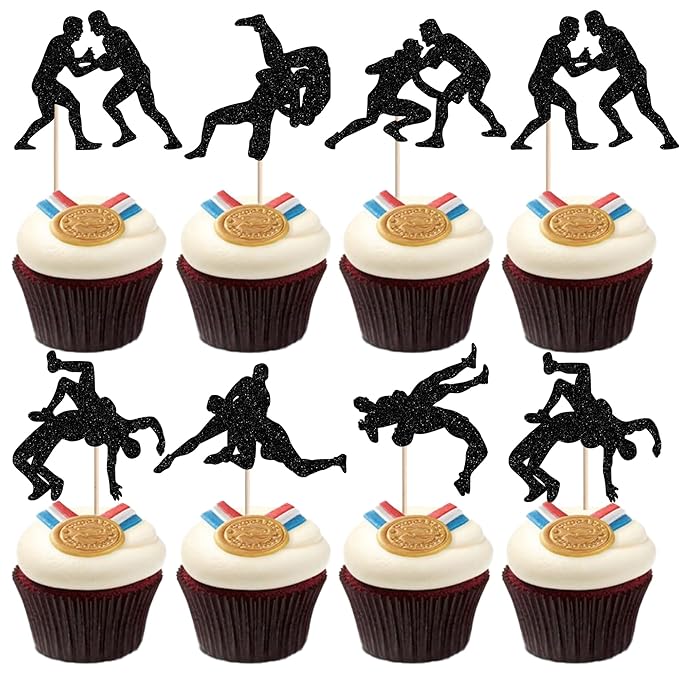 24 PCS Wrestling Cupcake Toppers Glitter Wrestler Cupcake Picks Wrestling Birthday Party Decorations for Sport Theme Boys Men Birthday Party Cake Decorations Supplies Black