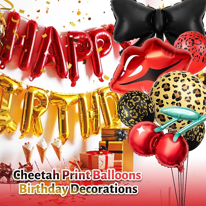 Realspring 18 Pcs Red and Black Party Decorations Kit 12 Leopard Cheetah Print Birthday Balloons Cherry Cheetah Red Lips Black Bow Foil Balloons for Kiss the Miss Goodbye Baby Shower Retro Party