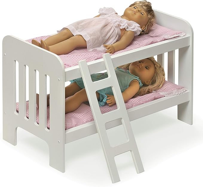 Badger Basket Doll Bunk Bed with Bedding & Ladder - Two Level Wooden Bed for Dolls, Includes Bedding & Accessories- White/Pink Gingham