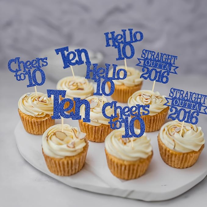 Ephlyn 24Pcs Happy 10th Birthday Cupcake Toppers Glitter Ten Cupcake Picks Hello 10 Cheers to 10 Years Cake Decorations for 10th Birthday Anniversary Party Decorations Supplies Blue