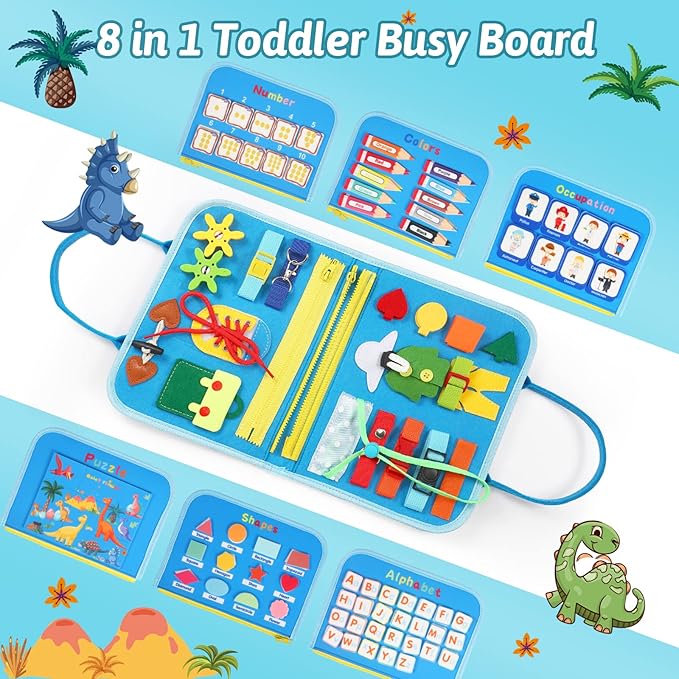 Toddler Busy Board Montessori Toys - Sensory Busy Book for Toddlers 1-3, Dinosaur Learning Activity for Fine Motor Skills, Airplane Car Travel Toy, Birthday Gift for 1 2 3 Year Old Boy Girl