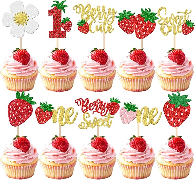 30 PCS Sweet One Strawberry Cupcake Toppers Glitter Sweet Berry 1st Birthday Cupcake Picks Strawberry Birthday Decorations for Baby Shower Kids First Birthday Party Cake Decorations Supplies Gold