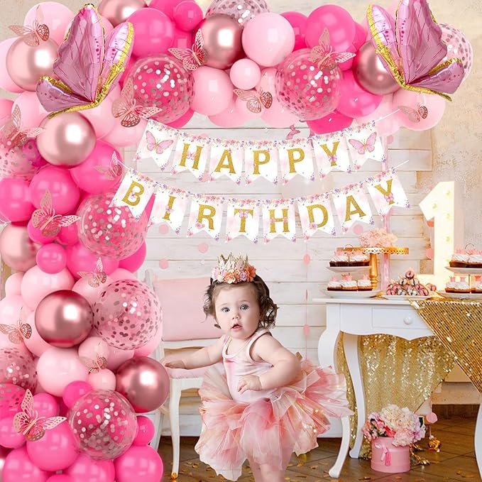 Butterfly Decorations for Girls, Pink Butterfly Themed Birthday Decorations Party Supplies with Balloon Arch Kit Backdrop Banner Foil Balloons Wall Decor, Princess Baby Shower Bday Party