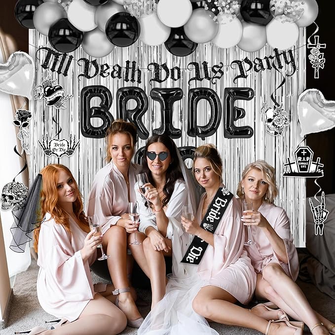 Bride or Die Bachelorette Party Decorations, 67pcs Till Death Do Us Party Banner Balloons Swirl Fringe Curtains Shoulder Strap Veil, Til Death Do Us Party Bachelorette Party Supplies
