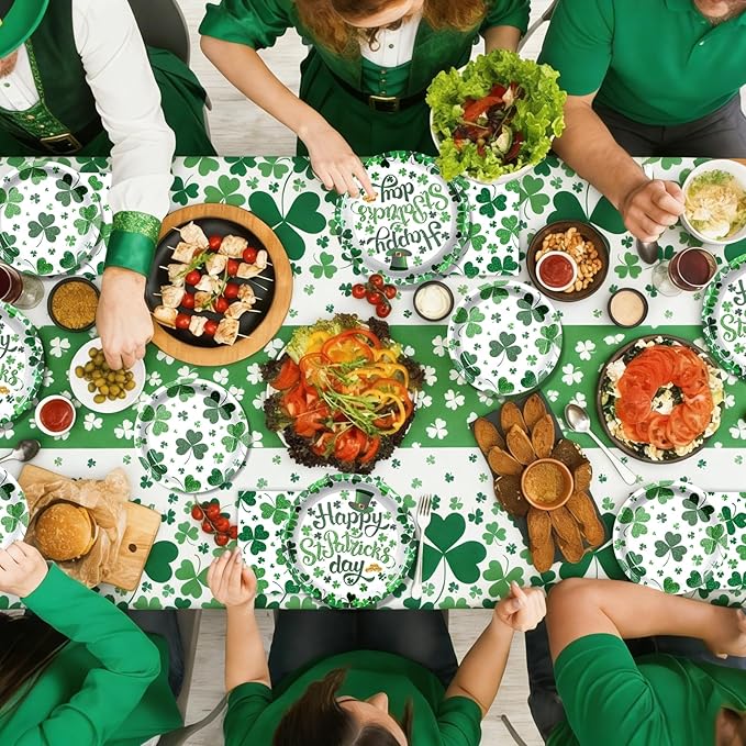 St. Patrick's Day Party Supplies Irish Themed Disposable Dinnerware Set with Lucky Shamrock Plates, Napkins, Cups, Banner and Tablecloth for St Patricks Day Saint Irish Party Decoration, Serves 24