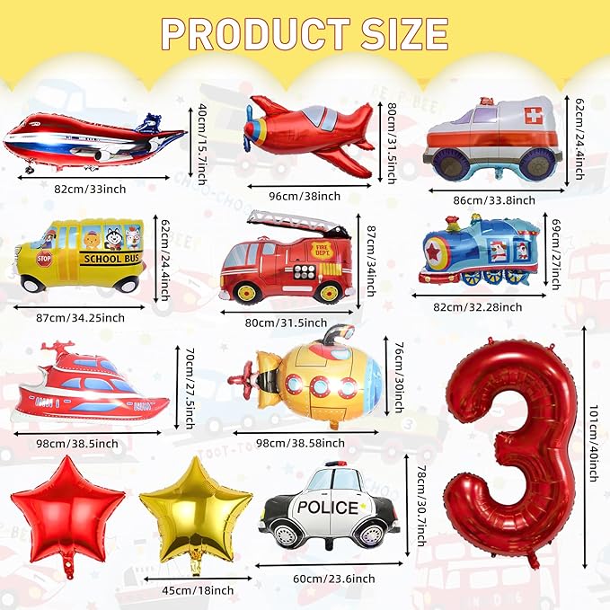 12pcs Transportation Balloons, Truck Plane School Bus Fire Truck Police Car Ship Ambulance Submarine Foil Balloon, Transportation 3rd Birthday Vehicles Theme Party Supplies Decorations (3rd)