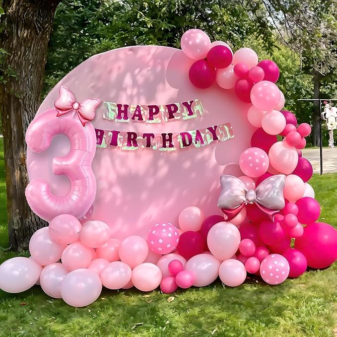 Pink 3rd Birthday Balloons Decorations, Hot Pink Rose Polka Dots Balloon Arch Kit, Huge Bow Foil Balloons, pink Number 3 Balloon Tower for Baby Shower Girls Princess 3rd Theme Party