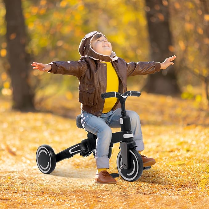Aneco 9-in-1 Multi-functional Baby Tricycle for Toddlers 10 Months-3 Years with Removable Canopy Rotatable Seat Safety Harness Wheel Brake Adjustable Push Handle Storage Bag Cup Holder, Black and Gray