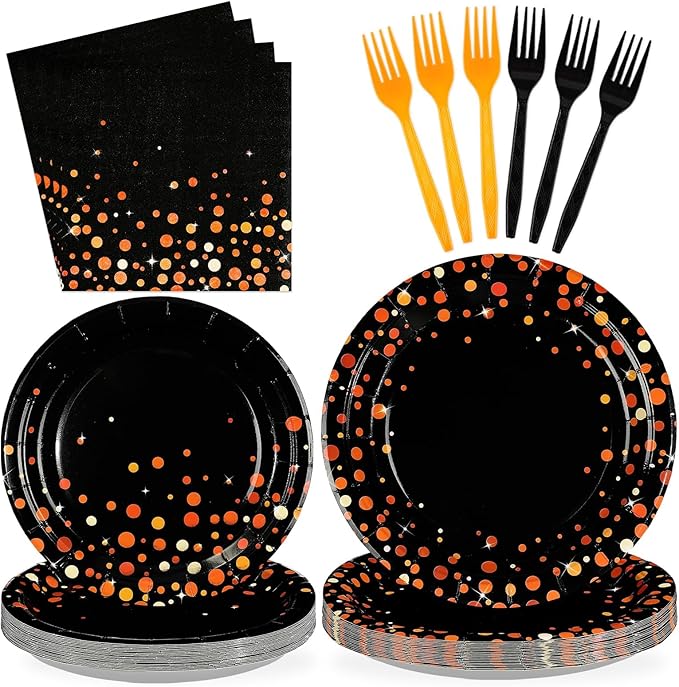 96Pcs Orange and Black Birthday Party Decorations Black Orange Polka Dot Plates and Napkins Sets for Birthday Wedding Bridal Shower Baby Shower Harvest Party Supplies Serves 24