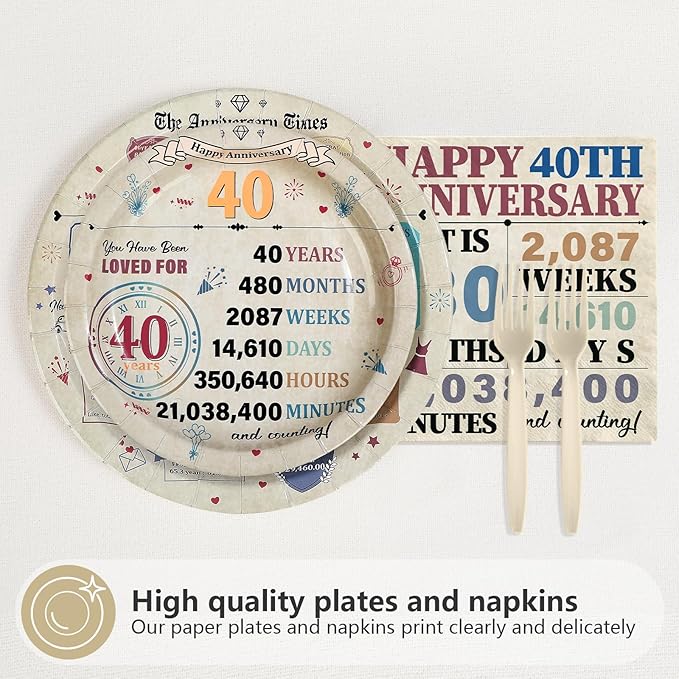 96Pcs 40th Anniversary Party Decorations Retro 40 Years Wedding Aday Plates and Napkins Happy 40th Anniversary Disposable Tableware Set for Vintage 40 Year Wedding Party Supplies Serves 24