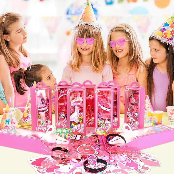 132Pcs Pink Girls Party Favors Pack - For 12Guests, Includ Goodie Box Heart Glasses Straws Bubble Wands Tattoo Sticker Bracelet Keychain, for Kids Girls Birthday Party Decoration Supplies