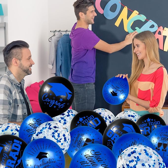 Whaline 60Pcs Graduation Party Balloon Set 7 Designs Confetti Latex Balloon with 2 Rolls Ribbon Grad Cap Congrats Grad Balloon for Graduation Party Decoration Supplies (Blue, Black)