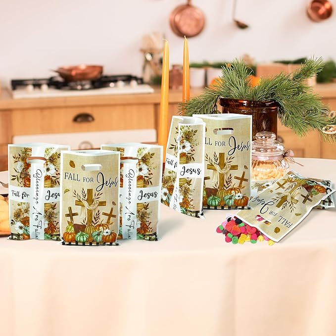 50Pcs Fall for Jesus Christian Religion Party Favor Bags, Fall Thanksgiving Party Gift Bags, Autumn Cross Pumpkin Goody Treat Bags, Fall Themed Party Decoration for Thanksgiving Harvest Party Supplies