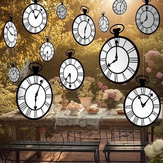 Wonderland Tea Party Decoration Clock Hanging Banners Wonderland Spring Themed Garland banner Curious Clock Backdrop Photo Props for Indoor Outdoor Garden Birthday Baby Shower Party Supplies