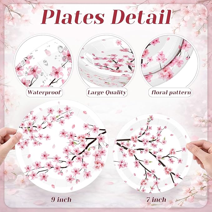60 Pcs Cherry Blossom Paper Plates 9 in and 7 in Watercolor Pink Floral Party Decorations Plates Disposable Dinner Tableware for Bridal Shower Wedding Tea Summer Birthday Supplies