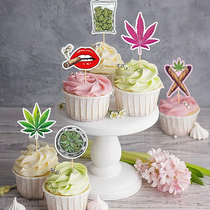 Ercadio 32 PCS Dope Happy Birthday Have a Dope Birthday Cupcake Toppers Pot Leaf Weed Leaves Cupcake Picks Green Marijuana Dope 420 Themed Party Supplies
