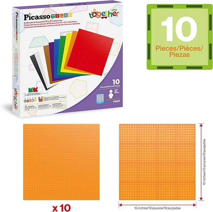 PicassoTiles Brick Baseplate Classic Building Block Foundation Kit 10 Pack 10"x10" Platform Multi Color Bricks Stud Blocks Compatible with All Major Brands STEM Construction Set Kids Ages 3+ PBS01