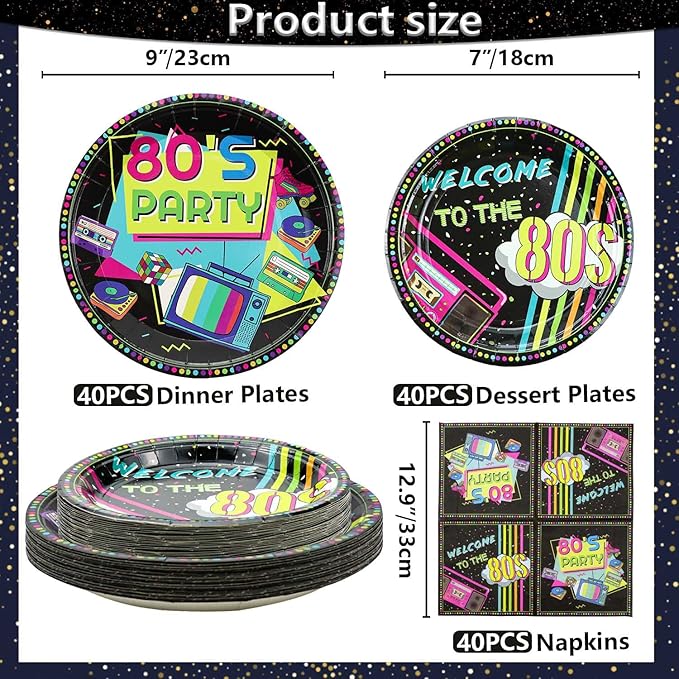 80s Party Supplies - 122 Pcs Plates, Napkins, Tablecloth Set for Back to the 80s Party Decorations - Serves 40