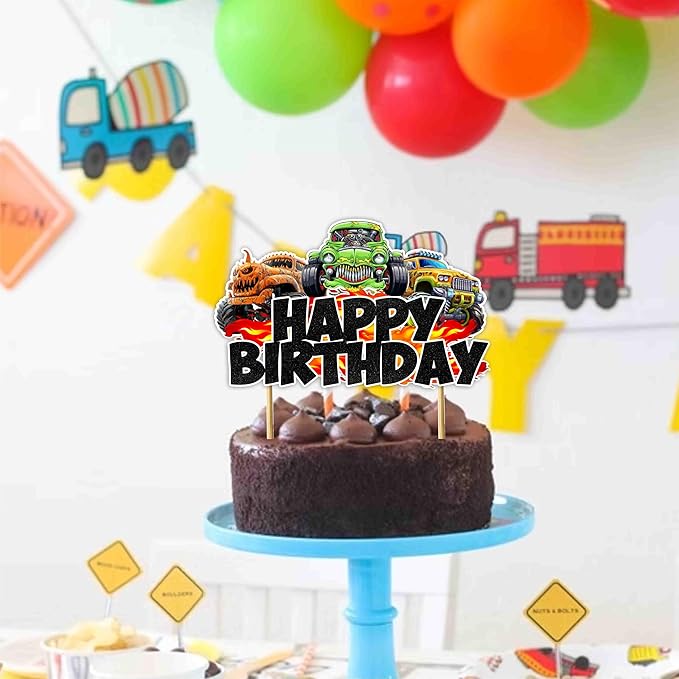 Monster Truk Happy Birthday Cake Topper- with Bold Off Road Truck Design, Colorful Racing Vehicle Theme Cake Decoration for Birthday Party Table Display, Dessert Centerpiece, Photo prop.