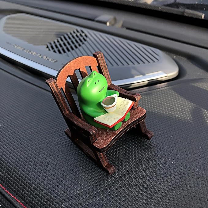 Cute Coffee Frogs on Rocking Chair Statues Collectibles Figurines Ornaments for Car Dashboard Decorations Accessories Interior Dash Board Charms Birthday Cake Toppers Decoration Decor