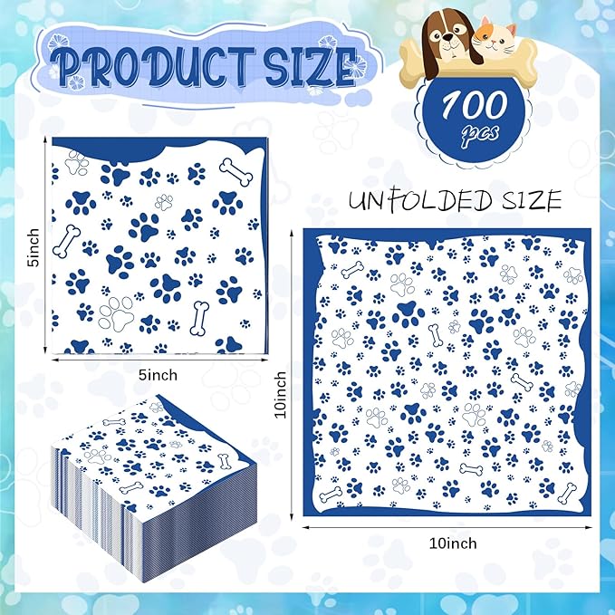 CHENGU 100 Pieces Paw Print Napkins 2 Layers Paw Print Party Supplies Farm Animal Party Napkins for Animal Themed Birthday Western Part, 5 x 5 Inch(Blue)