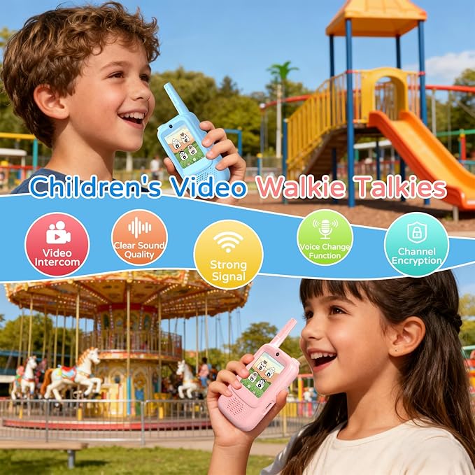 Kids Walkie Talkies for 3-12 Year Old Boys & Girls, 2 Pack Children Two-Way Radios with Video Call, Voice Chat, Camera & Album, Auto Pairing, 1148ft Range for Indoor Outdoor, Camping, Hiking