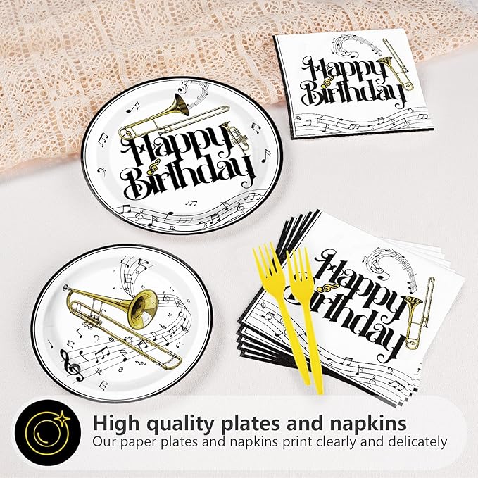 96Pcs Trombone Birthday Party Supplies Trombone Saxophone Birthday Plates and Napkins Musical Theme Birthday Tableware Set for Music Instrument Themed Party Supplies Serves 24