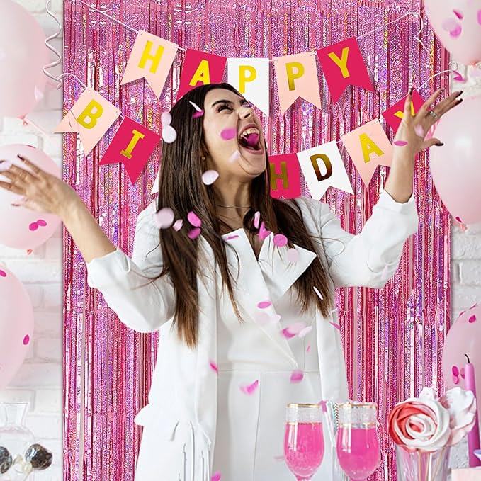 2 Pack Pink Streamers Birthday Decorations Glitter Tinsel Curtains Backdrop Pink Fringe Door Streamers Valentines Bachelorette Holiday Celebrations Happy Birthday Party Decorations