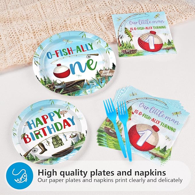 Grencian 96 Pcs Ofishally One Birthday Decorations Gone Fishing 1st Party Plates and Napkins Tableware Set O Fishally One First Birthday Decorations for Boys Little Fisherman 1st Baby Shower Serves 24