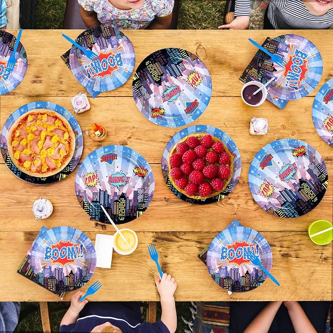 96Pcs Super Theme Hero Party Decorations Blue Hero Cityscape Plates and Napkins Sets Hero's Theme Comic City Party Decorations Favor for Boys Girls Spider Video Game Fun Birthday Supplies Serves 24