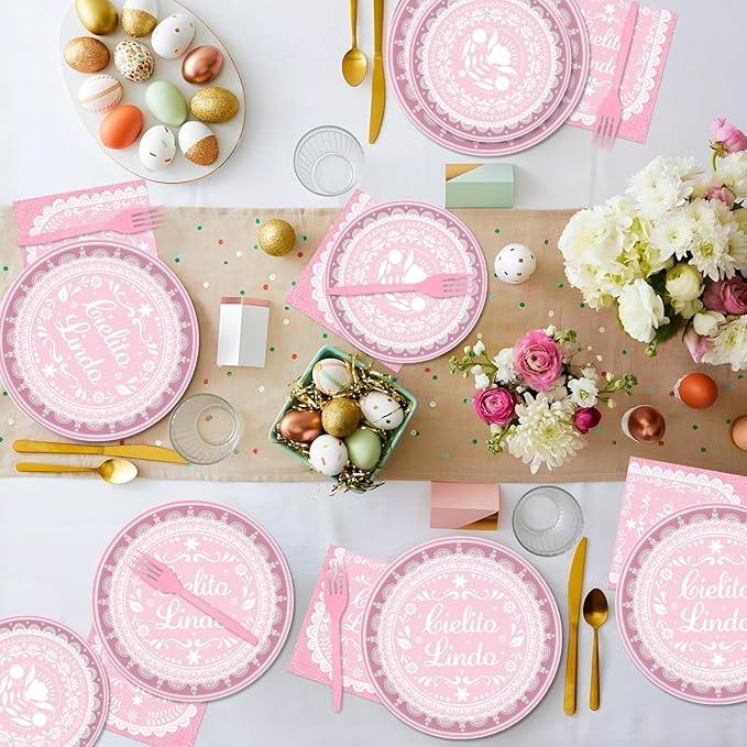 Rakuto Elomy Cielito Lindo Party Decoration Tableware, 96PCS Pink Cielito Lindo Disposable Paper Plates and Napkins Baby Shower Decoration, Mexican Themed Forks Decor Serve 24