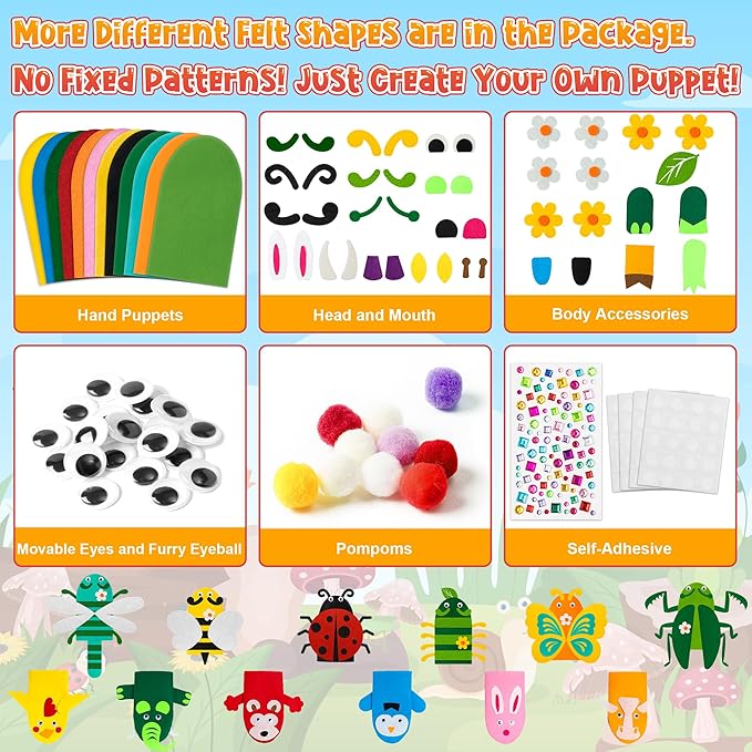 WATINC 12Pcs Hand Puppet Making Kit, Art Craft Felt Sock Puppet Toys, Creative DIY Make Your Own Pompoms Wiggle Googly Eyes Storytelling Role Play Party Supplies Gift for Girls Boys (Animals Insect A)