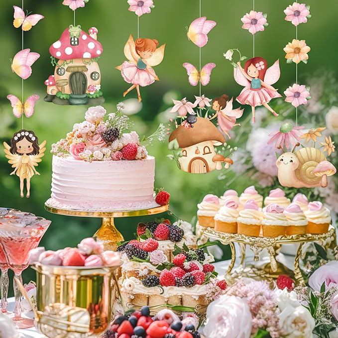 8 Pcs Fairy Party Decorations Fairy First Birthday Hanging Garlands Banner Butterfly Mushroom Flower Paper Cutouts Streamer for Wall Ceiling Decor Wonderland Garden Tale Floral Party Supplies