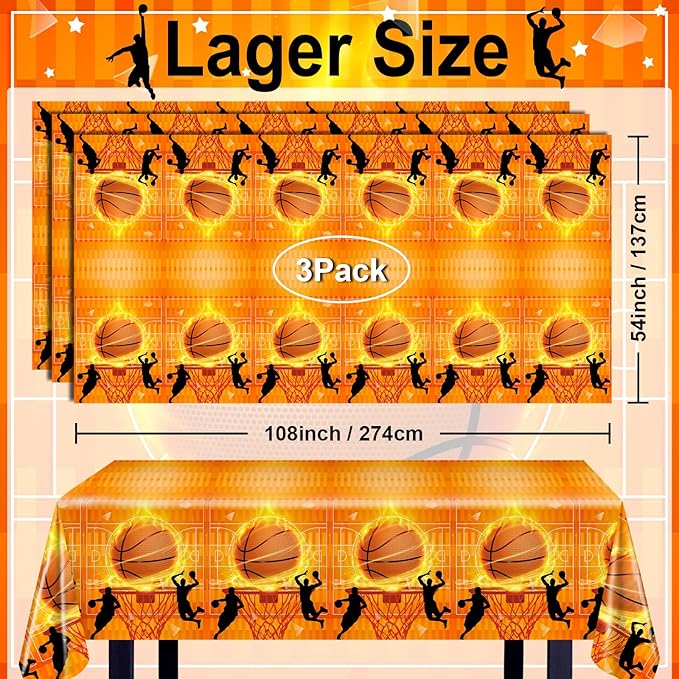 Avezano 3 pcs Basketball Tablecloth Birthday Decorations Plastic Disposable Basketball Party Supplies Sports Themed Large Table Cover, 108 x 54 Inches