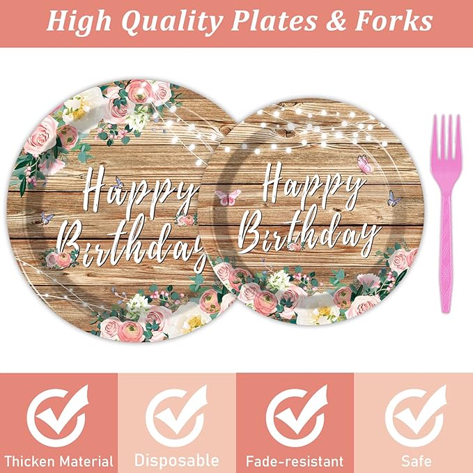 96PCS Spring Floral Birthday Party Plates Wood Grain Pink Flower Rustic Tableware Set for Girls Kids Bridal Shower Party Supplies Wooden Birthday Paper Plates Napkins Decorations for 24 Guests