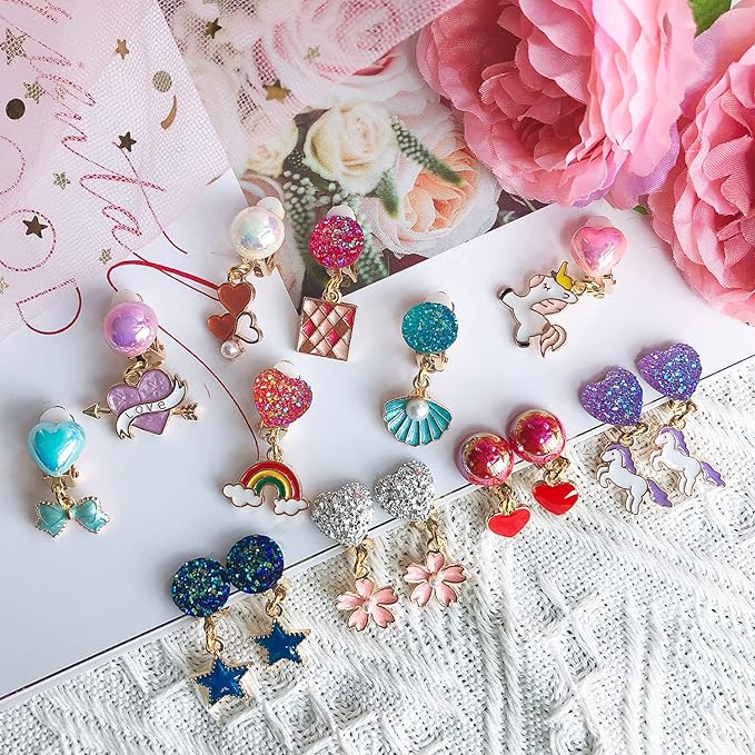 12 Pairs Clip On Earrings Girl Party Favor Princess Clip on Earrings Pretend Play Unicorn Earrings for Little Girl Kids Toddlers Jewelry Set