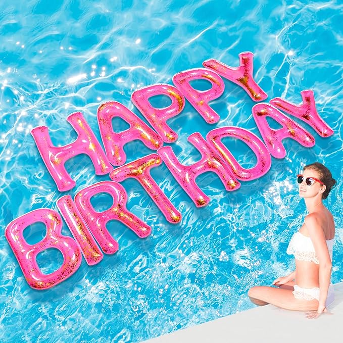 Shappy 20'' Happy Birthday Pool Large Floating Letter Balloons with Adhesive Dots Inflatable Pool Decorations for Summer Birthday Party