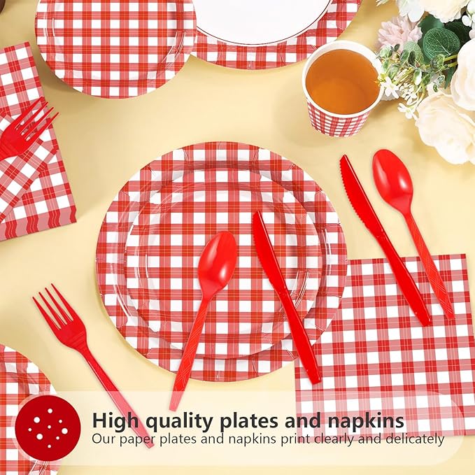 168Pcs Red Gingham Party Decorations Red and White Checkered Buffalo Plaid Plates Napkins Cups Forks Knives Spoons Tableware Set for Summer Pizza BBQ Picnic Baby Shower Birthday Party Supplies Serve24