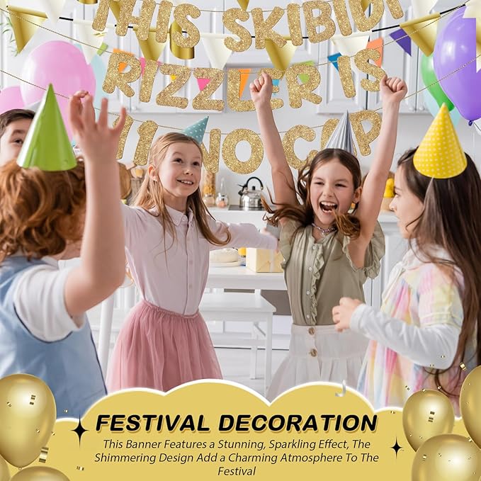 Fulmoon Pre Strung This Skibidi Rizzler Is 11 No Cap Glitter Banner 11th Birthday Party Decorations, Funny Birthday Sign, Party Supplies, Ideas, Gifts, Champagne Gold