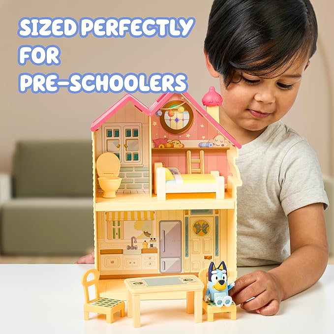 Mini House Playset with 2.5" Figure & 5 Accessories, 3 Room Play House Toys with Carry Handle, Compact Travel Toy