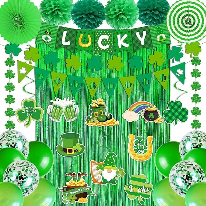 47Pcs St Patricks Day Decorations, St. Patrick's Day Decorations Kit Shamrock Lucky Banner Garlands Hanging Swirls Fringe Curtain for Home Irish St. Patrick's Day Decor
