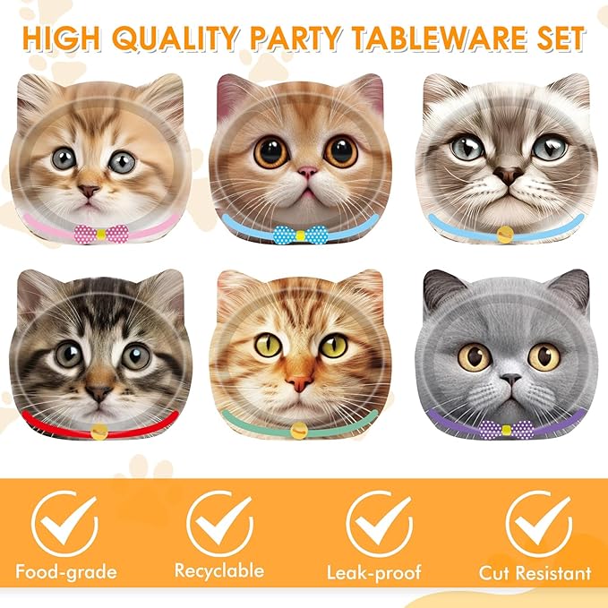 96 PCS Cat Birthday Decorations Kitten Party Disposable Tableware with Party Paper Plates and Cat Napkins Dinnerware Kit for Cats Themed Birthday Parties Supplies Serves 48 Guests